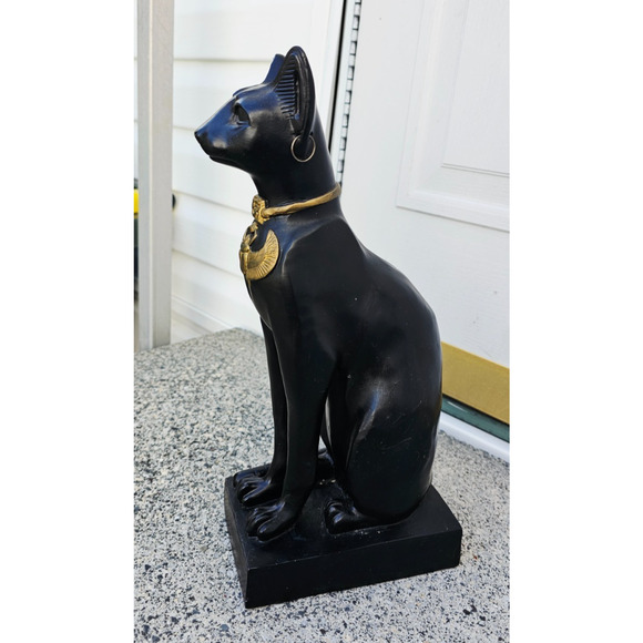 Ancient Egyptian Sitting Black and Gold Bastet Cat Figurine Egypt 13 1/2" - Picture 7 of 12